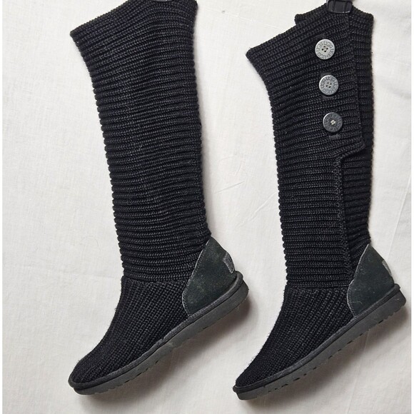UGG Women's Cardy Tall Black Sweater Knit Button Boots Size 7 - Picture 1 of 6